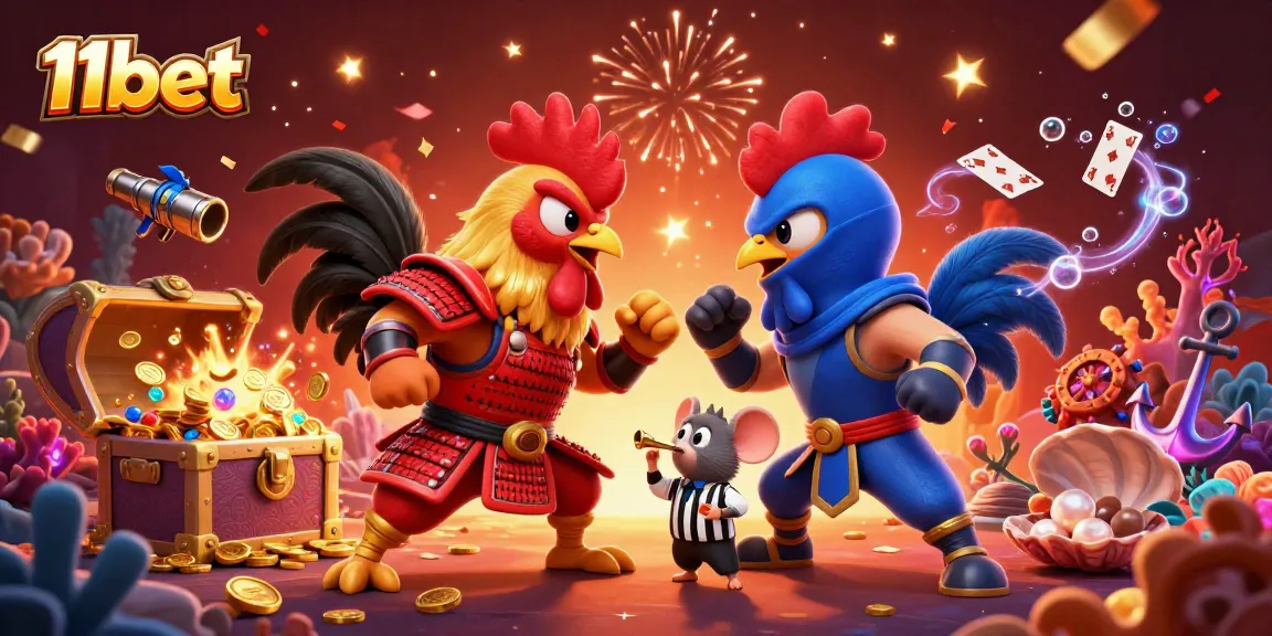 Experience thrilling action with 11bet's majestic fighting roosters in an exciting casino scene.