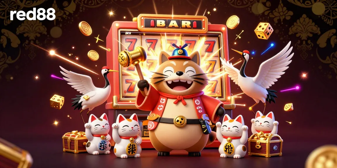 Experience the thrill of winning with red88, featuring cheerful tanuki and fortune cats amid a jackpot explosion.