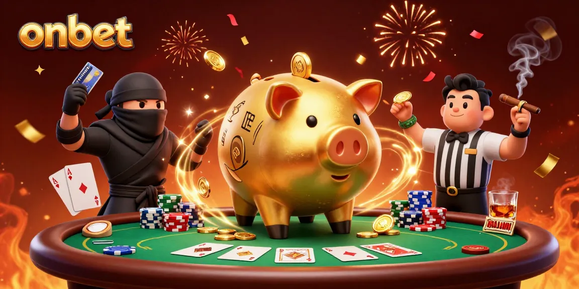Experience thrilling gaming action with Onbet's vibrant 3D illustration showcasing exciting poker elements and characters.