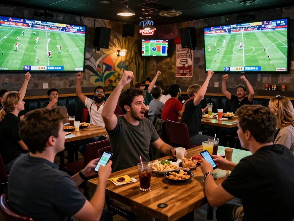 KQBD live sports fans engaging with football matches while placing bets at a lively sports bar