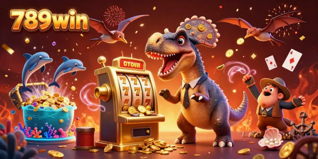 Experience the thrill of 789win with a dynamic casino scene featuring animated dinosaurs and bursting jackpots.