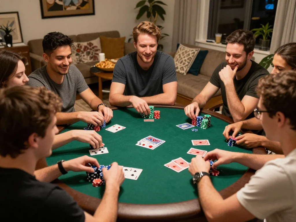 Bongdallu players engaging in a friendly home poker night with chips and cards laid out.