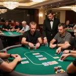 Players engaging in a thrilling poker game at maxpoker88, showcasing tension and strategy with colorful chips and cards.