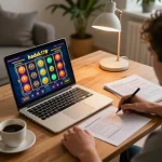 Engaging in the badak178 slot game on a laptop at home, emphasizing strategic bankroll management.