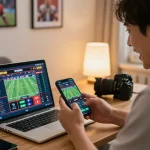 Person actively placing bets on sports events using TR88 mobile app interface, excitement evident in cozy home office.
