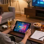 Engaging with the 789clubgo app on a tablet in a cozy gaming setup, showcasing a vibrant online casino experience.