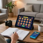 Engaging gameplay of MM88 slots on a tablet in a cozy home setting.