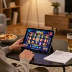 Chơi ứng dụng casino KO66 trên máy tính bảng trong không gian ấm cúng tại nhà với đồ ăn nhẹ và ghi chú trò chơi.