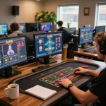 Engaged gamer placing bets on ALO8's live dealer table in a cozy home setup
