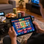 A player enjoying online gaming on the 88clbgo app in a cozy home setting, highlighting a strategic gaming atmosphere.