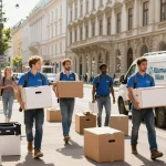 Räumung Wien Team führt eine professionelle Immobilienräumung in Wien durch, zeigt Teamarbeit und verschiedene Personen, die Möbel und Kartons verwalten.