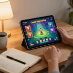Engaging scene of a player enjoying Game bài nổ hũ on a tablet, surrounded by a cozy home atmosphere.