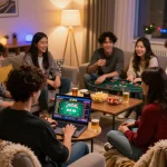 Friends engaging in online gambling at xx88, showcasing a lively poker game on laptop.