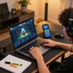 Engaged player strategizing bets on xx88 com through laptop and smartphone in a cozy home setup
