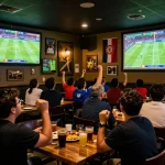 Fans cheer while placing bets during worldcup2026 at a vibrant sports bar.