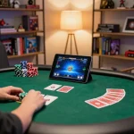 Player engaged in online poker on a tablet with 58wiin, surrounded by gaming essentials.