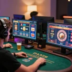 Player engaging in nhacaiuytinn poker game on multi-screen setup with ambient lighting
