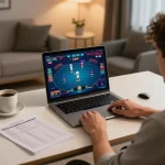 The player enjoys a poker game at the best online casinos in Canada while managing their bankroll in a modern home setup.
