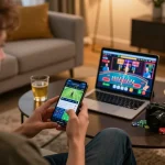 KJC user enjoying online sports betting on smartphone, cozy home gaming setup.