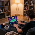 Engaged in online casino gaming on GG88 platform in a cozy living room, warm evening atmosphere