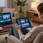 Iwinclub PG7 user engaging with online casino games on tablet in a comfortable living room setting.
