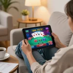 Player enjoying online gaming at home with TG88 app on tablet, surrounded by strategy notes.