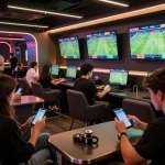 Engaging sports enthusiasts at tylekeonhacai88 betting on live matches in a modern lounge.