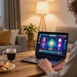 fun88 player enjoying an online slot game at home with vibrant visuals and cozy setting