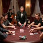 Players engaging in a kèo nhà cái poker game in a luxurious casino setting, highlighting intense strategic moments
