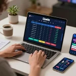 Player using LLwin for sports betting with laptop and smartphone in a cozy, modern setup
