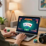 Engaging in top game bài đổi thưởng online using a laptop in a modern home setting, highlighting excitement and strategy