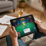 Engaging F168 player using mobile app for poker gaming strategy in cozy home setting