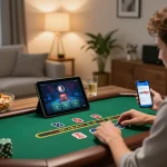 Engaging in live dealer game on abc8go app in a cozy living room setting.