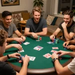 Bongdallu players engaging in a friendly home poker night with chips and cards laid out.