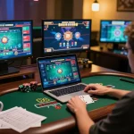 Play blackjack online at rr88, featuring a user on laptop in a cozy gaming setup with strategy notes.