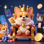 Kubet showcases a vibrant casino atmosphere with a royal corgi on a throne surrounded by crypto coins and game elements.