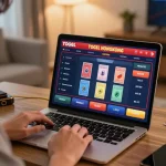 Engaging in togel hongkong online gaming, with a player focused on live dealer game on laptop.