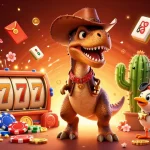 Experience thrilling casino action with the 39bet T-Rex dinosaur, slot reels, and vibrant elements.