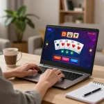 Engaging in online gambling through lifestylebanking platform with strategic focus and cozy atmosphere.