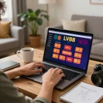 Player engaging with LV88 online casino game on laptop, showcasing strategic gameplay in a cozy home setting.