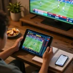 A person engaging in tỷ lệ kèo nhà cái 5 while placing sports bets at home