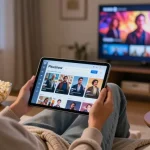 Pikashow APK displayed on a tablet while enjoying a movie night at home, showcasing user-friendly interface and cozy atmosphere.