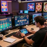 Engaged player using online casino platform for 7m games with tablet at a stylish gaming setup.
