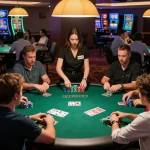 MM88 players enjoying an engaging poker game with lively dealer amidst a vibrant casino atmosphere.