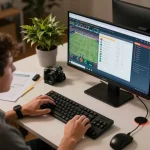 Engaging in sports betting strategies with bet kecil 50 on dual monitors displaying live events.
