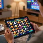 Player engaging with online slots on tablet, rich colors and gaming ambience, brandingbybrandi highlights thrilling moments