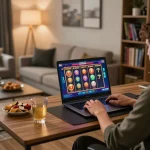 girlmeetsformosa engaging in online casino gaming from a cozy setup, showcasing a vibrant slot game experience