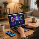 B52club player strategizing on laptop at home, displaying vibrant online gaming interface.