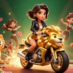 Experience exciting sports betting with keo nha cai featuring a glamorous Asian woman riding a lion mascot.