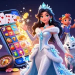 Spin to win at hit club with a stunning casino scene featuring vibrant slot games and a captivating ice queen.